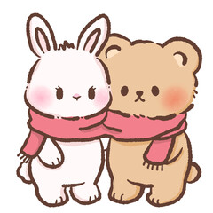 Cute Bunny and Bear tangled wrapped around in the same scarf Kawaii Valentine Couple Illustration Sweet Animal Love Art Cozy Winter Characters for Cards Stickers Kids Craft Design