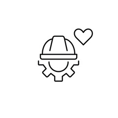 Hard hat, cogwheel and heart. Reliable operations, settings and support. Pixel perfect, editable stroke vector icon