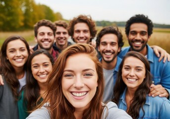 Diverse group of happy young adults smiling together outdoors in autumn foliage landscape