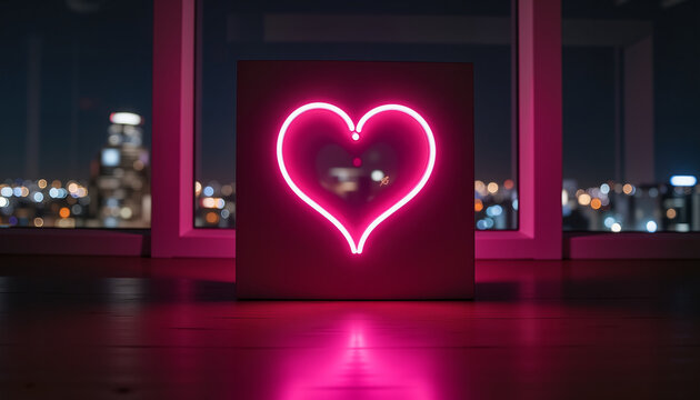 Neon heart against city skyline at night - Powered by Adobe