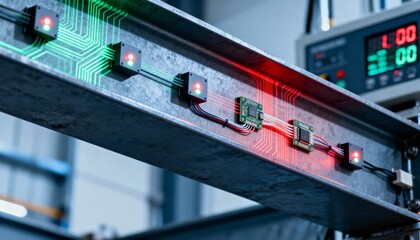 Medium shot of smart frame sensors capturing realtime load data on a structural beam for advanced IoT health monitoring solutions.
