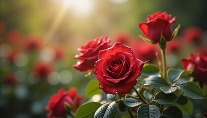 Red roses with droplets in a sunlit garden