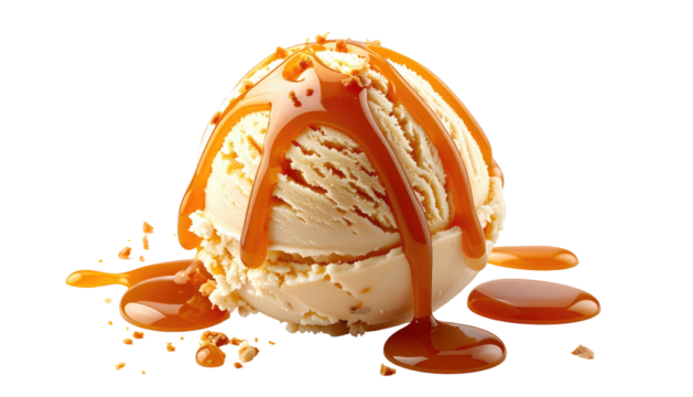 Scoop of tan ice cream drenched with caramel sauce against a stark black background