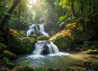 A tropical rainforest waterfall cascading over mossy rocks, surrounded by dense foliage and tropical plants, bright natural light with crystal clear water.