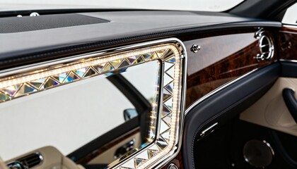 Obraz premium Artisan fitting beveled mirror panel attachment on elegant dashboard emphasizing decorative angled edges and light refraction details.