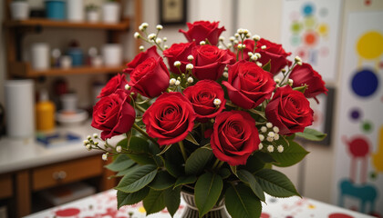 Obraz premium Red roses bouquet on kitchen table