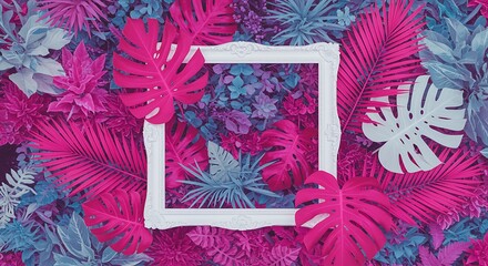 Tropical paradise with a white frame and brightly colored leaves