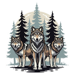 Majestic wolf pack stands united in a stylized pine forest under a serene moonlit sky, embodying wild strength and natural power.