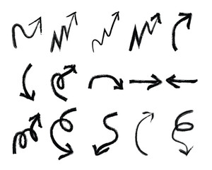 Various bold brush drawn curved arrows. Collection doodle marker thick arrows in different directions. Hand drawn vector direction pointers. Curved and wavy brush strokes with scratches.
