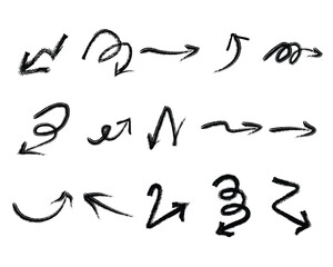 Various bold brush drawn curved arrows. Collection doodle marker thick arrows in different directions. Hand drawn vector direction pointers. Curved and wavy brush strokes with scratches.