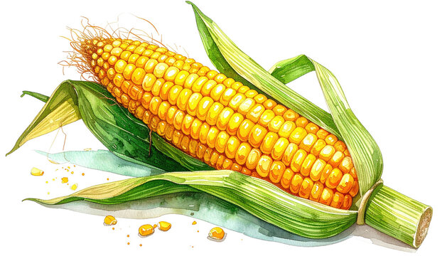 Watercolor corn cob with green leaves, vibrant yellow kernels, & silky threads. Rustic, organic, natural style