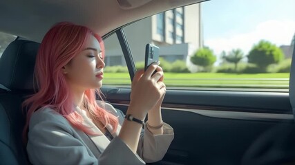 Tech-Savvy Passenger A young woman, with vibrant pink hair, engrossed in her phone within a car's interior, gazing at the world outside - Powered by Adobe