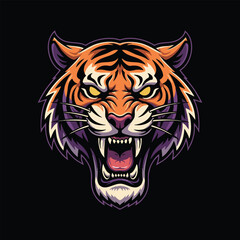 Fototapeta premium Powerful and fierce tiger head illustration, showcasing a roaring wildcat with open mouth and sharp fangs, embodying strength and intensity, ideal for mascots or bold designs