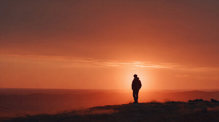 Obraz premium Silhouette of a person standing on a hilltop against a vibrant sunset. Evokes feelings of peace, adventure, solitude, and the beauty of nature. Ideal for travel, mindfulness, or inspiration.