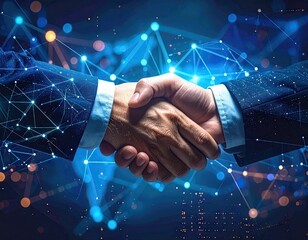 Digital handshake symbolizing business collaboration and technological partnership.