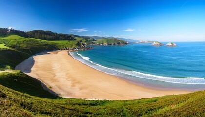 Long Sandy Beach On Coast In Rias Baixas With Blue Sea And Green Grassy Hills Under Bright Sun