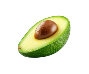 A ripe avocado cut in half, revealing its creamy green flesh and large brown seed, isolated on a transparent background