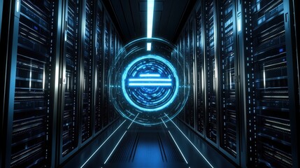 Data Center Interior with Glowing Digital Overlay
