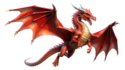Majestic Red Dragon Soaring Through the Air Isolated on a White Background ,PNG. AI Generated.