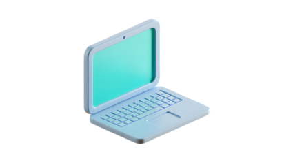 3d light blue laptop computer with a bright turquoise screen, isolated on transparent background