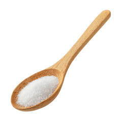 A simple light wood spoon holds a measure of white granulated sugar or coarse salt isolated against a solid black background