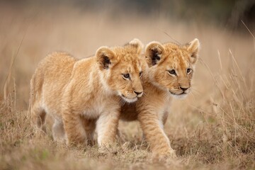 Obraz premium Two baby lions walking in the grass