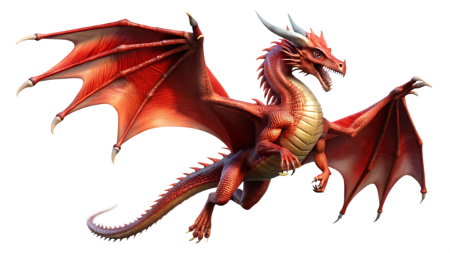 Majestic Red Dragon Soaring Through the Air Isolated on a White Background ,PNG. AI Generated. - Powered by Adobe