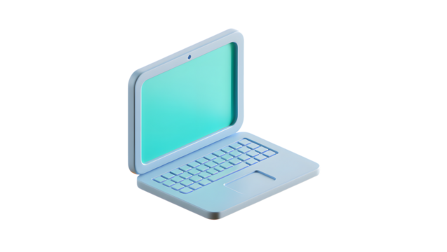 3d light blue laptop computer with a bright turquoise screen, isolated on transparent background