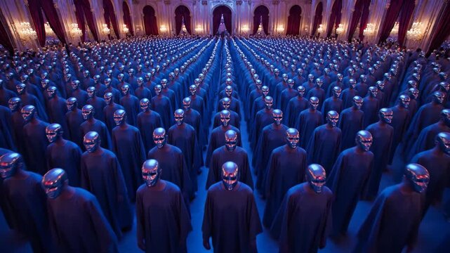 Robotic Aliens Gathered in a Large Hall with Glowing Eyes