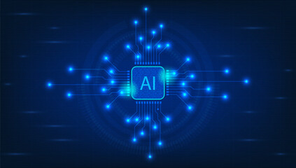 Naklejka premium Artificial intelligence circuit chip glowing with blue neon light and digital network connections, symbolizing AI technology, machine learning, innovation, data processing and futuristic computing.