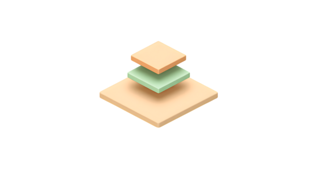 Three stacked squares in isometric view, with beige and green colors, isolated on transparent background