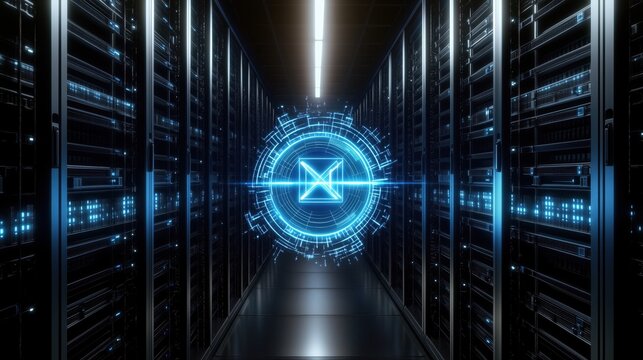 Data Center with Glowing Digital Interface - Powered by Adobe