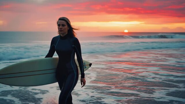 Serene Surfside Stroll A woman, board in hand, strides along the shore, the setting sun painting the sky with fiery hues. The ocean's gentle waves accompany her journey.