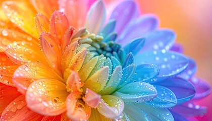 Fototapeta premium Vibrant Rainbow Dahlia Flower with Sparkling Water Droplets Macro View.