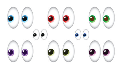 set of colorful cartoon eyes isolated on white background, featuring blue, red, green, purple, olive, yellow, pink, and brown for characters and designs