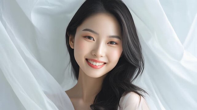 自然な血色と淡いピンクの唇が映えるアジア系女性の髪をなびかせるエレガントな肖像
