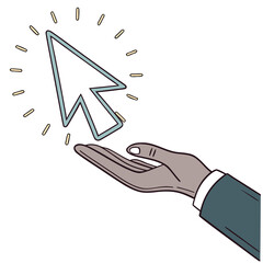 Hand holding a glowing computer cursor in a stylized illustrative design