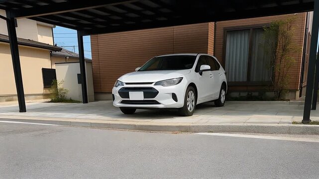 ブラックポリカーボネート屋根カーポートと茶色い外壁の住宅との調和