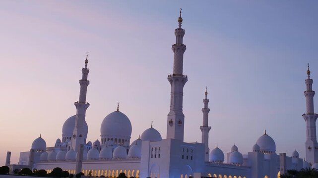 Sheikh Zayed Mosque in Abu Dhabi. Grand architecture, intricate marble details, serene atmosphere make it remarkable symbol of Islamic culture and spirituality in UAE.