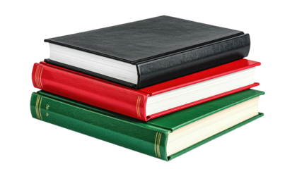 Stack of three hardbound books in black, red and green on a black background, elevated perspective