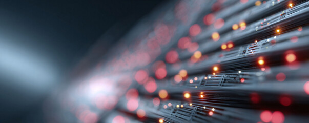 Abstract technology backdrop featuring glowing lights and sleek metallic lines. Great for illustrating data streams, networks, or futuristic concepts.