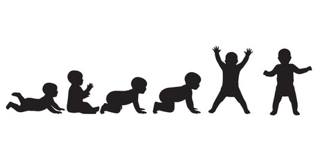 Stages of baby development silhouette graphic from crawling to standing on white background