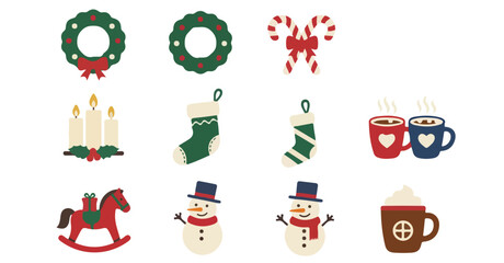 Festive Christmas Icons: Wreaths, Snowmen, Hot Cocoa, and Gifts