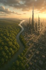 A stunning futuristic eco city skyline at sunset, featuring tall skyscrapers beside a lush green forest and winding river. Perfect representation of sustainable urban planning, modern architecture