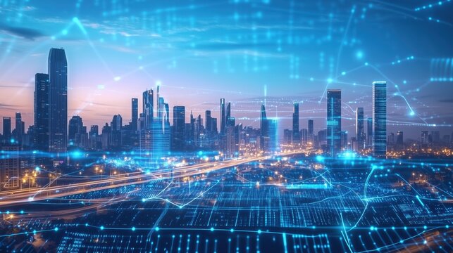 Digital Cityscape with Glowing Network Overlay