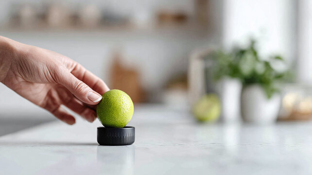Elegant hand places a vibrant lime atop a black cylindrical object on a marble surface. Evokes freshness, zest, wellness,  modern simplicity. Ideal for food, health, or lifestyle content.