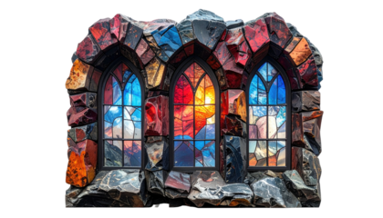 Three arched colorful stained-glass windows framed with rough-hewn stone sit on a solid black background