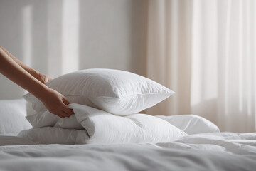Soft focus on hands fluffing white pillows on a bed, bathed in natural light. Implies comfort, rest, and wellness. Ideal for sleep, interior design, or hospitality themes.