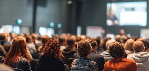 The audience attending a professional conference in a modern auditorium with a blurred speaker