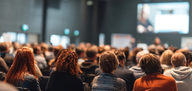 The audience attending a professional conference in a modern auditorium with a blurred speaker